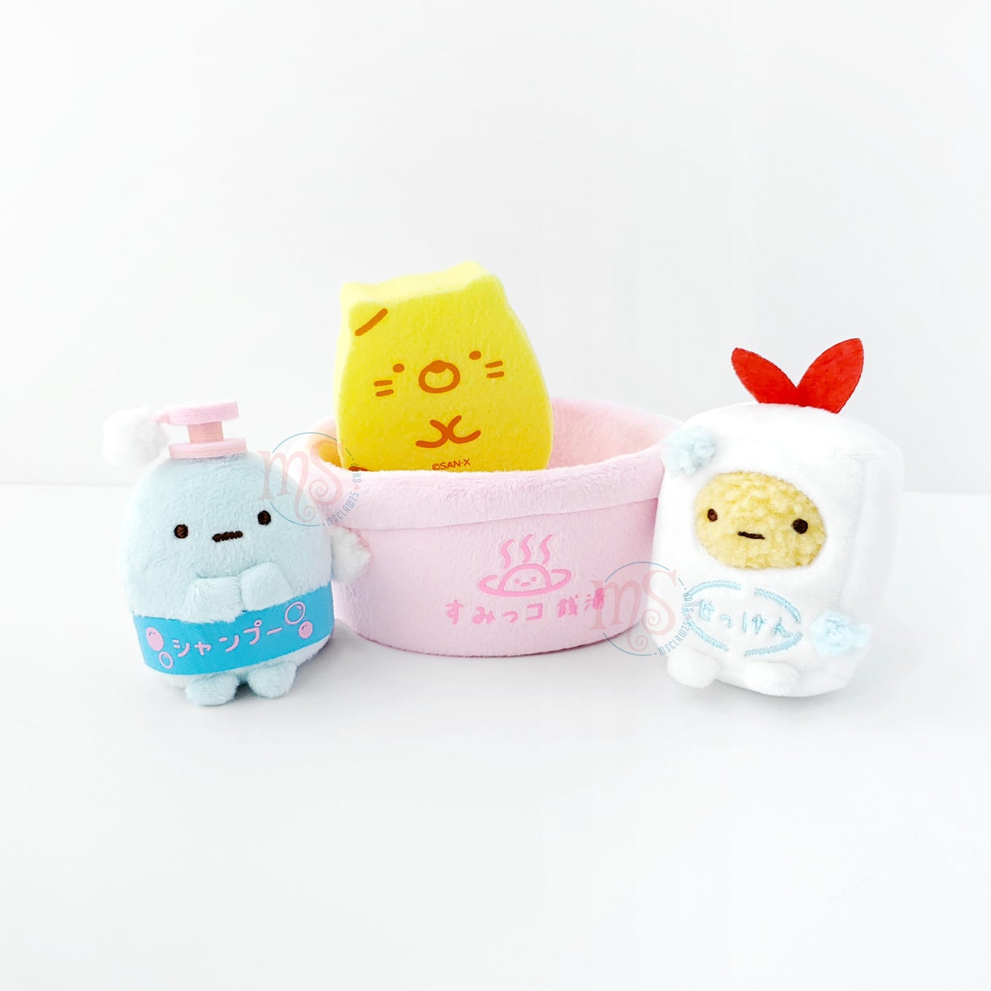 Sumikko Gurashi | Public Bath | Ebifurai no Shippo (Soap), Tapioca (Shampoo) & Shirokuma (Sponge) Bath Tub Tenori Mini Plush Set | Shop Limited