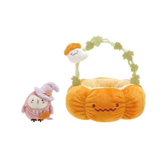 Sumikko Gurashi | Minikko Halloween | Fukurou Owl & Pumpkin Basket Tenori Small Plush Set