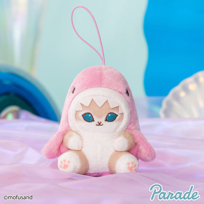Mofusand | Pastellserie | Mini-Plüschtier mit Hai-Katze-Schlüsselanhänger, rosa, für unterwegs