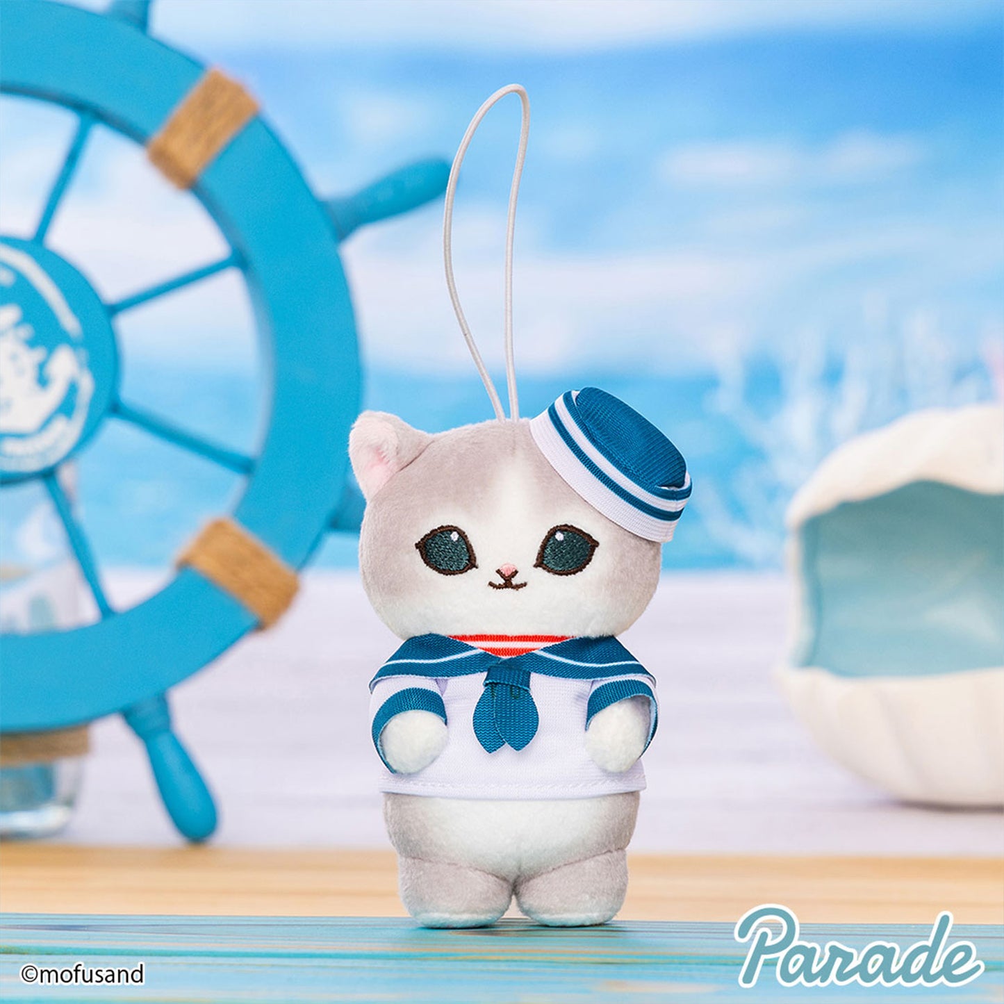 Mofusand | Série Matelot | Porte-clés Mini Peluche Chat Gris (Chapeau Bleu)