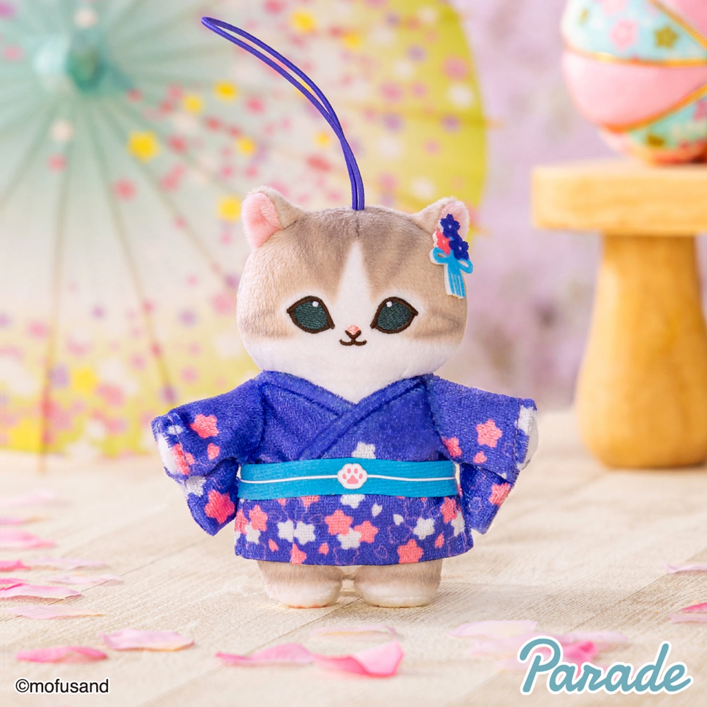 Mofusand | Sakura Cherry blossoms in Full Bloom | Cream Cat Yukata Blue Mascot Mini Plush | Taito Limited